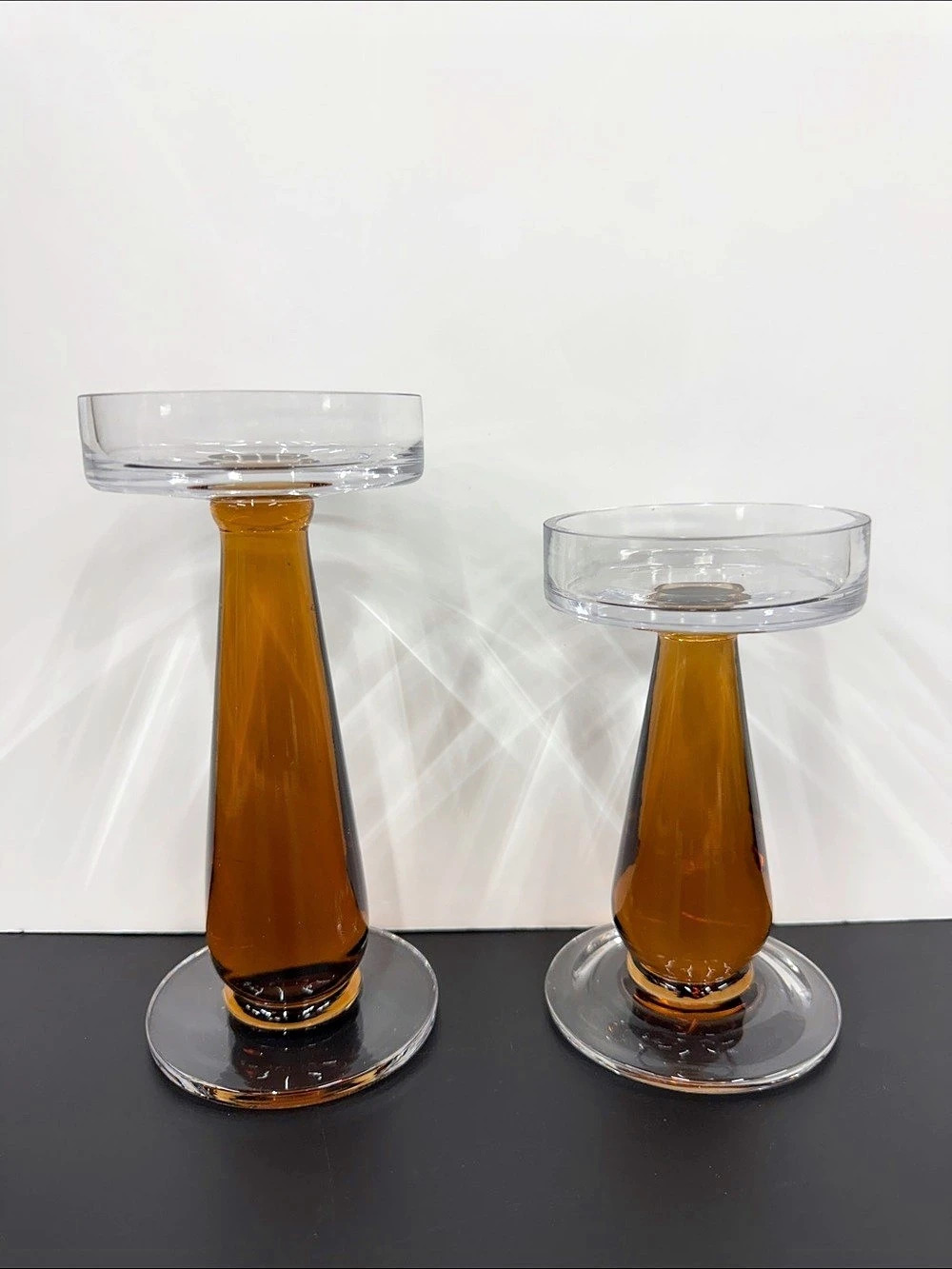 Vintage Amber & Clear Art Glass Candle Holders Pair MCM Pedestal Votive 6” & 7.5